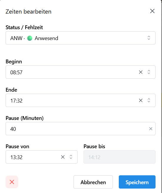 Bearbeitungsdialog fuer einzelne Zeitbuchungen
